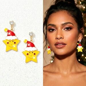 Gold plated crystal yellow red and white Christmas Santa Hat star earrings